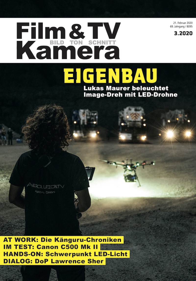 Coverstory Film Magazin Deutschland Werbedreh Maxikraft Pandapictures LED Drohne drone kopter Film & TV Kamera Magazin Bericht über MovingLights LED Drohne Lukas Maurer Aerolution.tv Multikopter Heavy Lifter 150.000 Lumen ultra bright drone lightening munich germany München